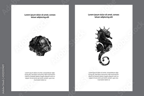 Poster, card templates eco kit. Ocean animals silhouettes- black garbage bag. Concept of saving the environment and plastic pollution of the world ocean