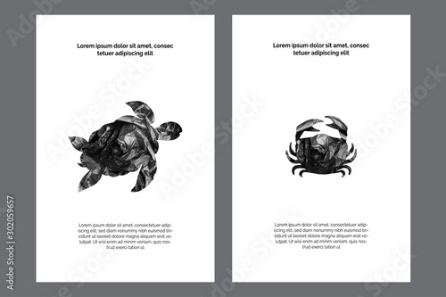 Poster, card templates eco kit. Sea animals silhouettes- black garbage bag. Concept of saving the environment and plastic pollution of the world ocean