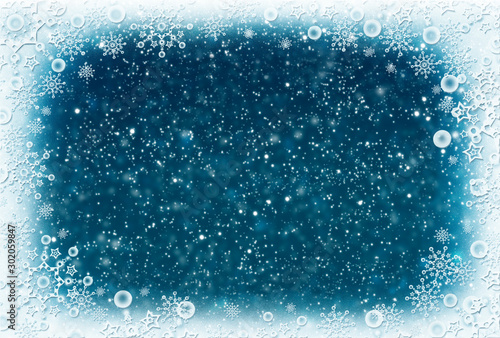 Christmas background with bright lights and snow frame.