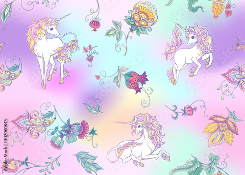 Seamless pattern with stylized ornamental flowers in retro  vintage style with unicorns. Jacobin embroidery. Colored vector illustration In pink  blue  ultraviolet colors on mesh background