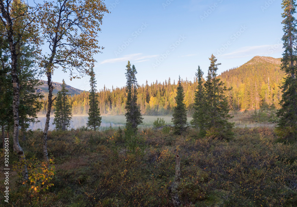 Beautiful morning sunrise over lake Sjabatjakjaure with haze mist in Sweden Lapland nature. Mountains, birch trees, spruce forest, rock boulders and grass. Sky, clouds and clear water.