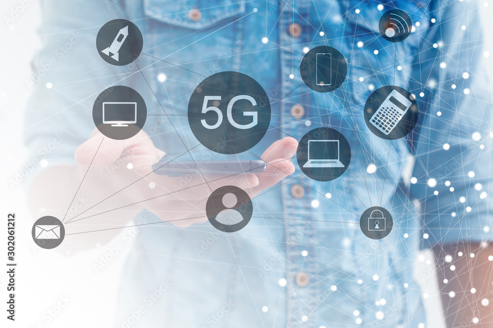 5g internet concept with businessman pressing buttons