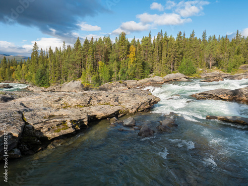 Beautiful northern landscape with wild glacial river Kamajokk  boulders and spruce tree forest in Kvikkjokk in Swedish Lapland. Summer sunny day  golden hour  dramatic clouds