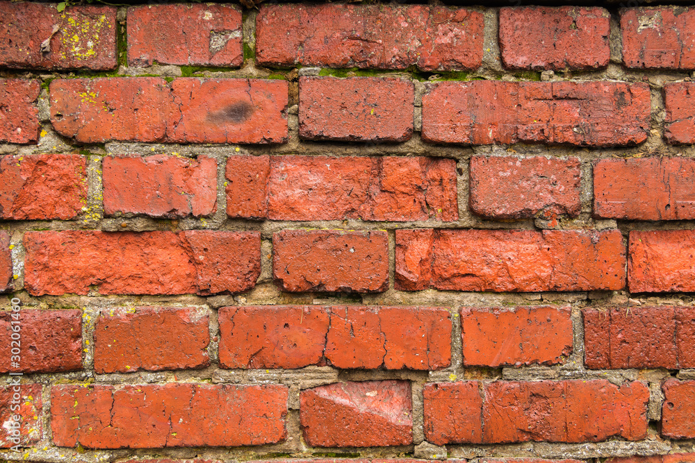 Fototapeta premium Texture, background. Old red brick wall, in the rain, destroyed by time