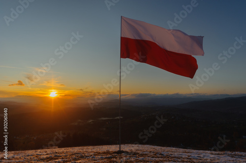 Poland flag on the top of the mountain