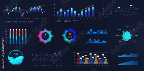 Intelligent infographic UI, UX, GUI interface. Vector futuristic neon ui infographics digital illustration on tech panel hud diagram. Dashboard elements in flat style. Business presentation elements