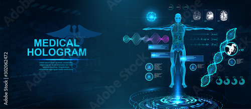 Healthcare Hologram HUD with body, formula DNA, MRI brain screens, x-ray skeleton, and bpm information. Medical examination concept. Sci Hologram and 3D body X-ray. Vector Healthcare illustration