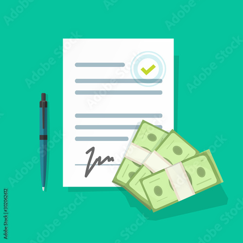 Financial money lending contract agreement, borrow giving vector illustration, flat paper document with signature, stamp and cash as credit or loan isolated, concept or partnership deal invest image