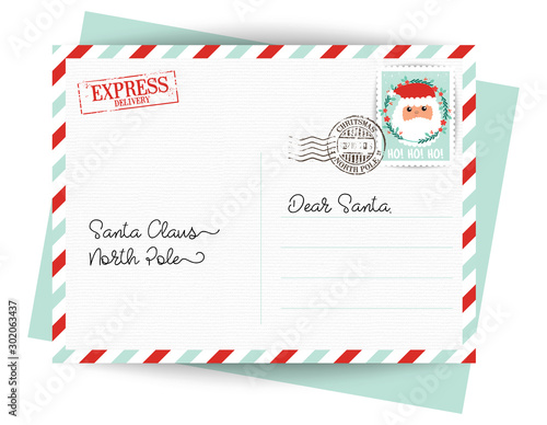 Dear Santa Claus Letter. Postcard with stamps and mark