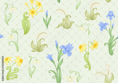Spring flowers. Narcissus, Iris, lily of the valley, may-lily, Seamless pattern, background. Vector illustration. In art nouveau style, vintage, old, retro style. On soft green background..