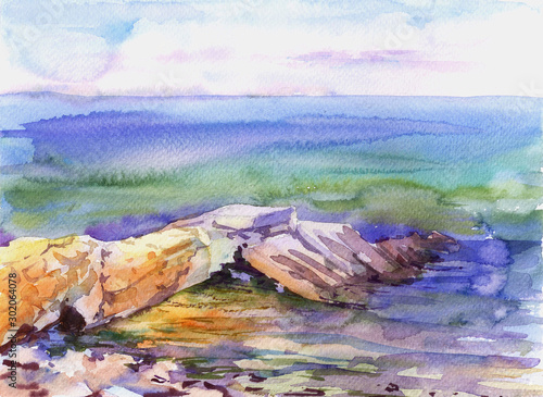 Stones and sea,seascape,hand drawn.Watercolor sketch