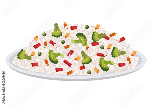 Rice with vegetables in a bowl isolated on white background. Vector illustration. Healthy food.