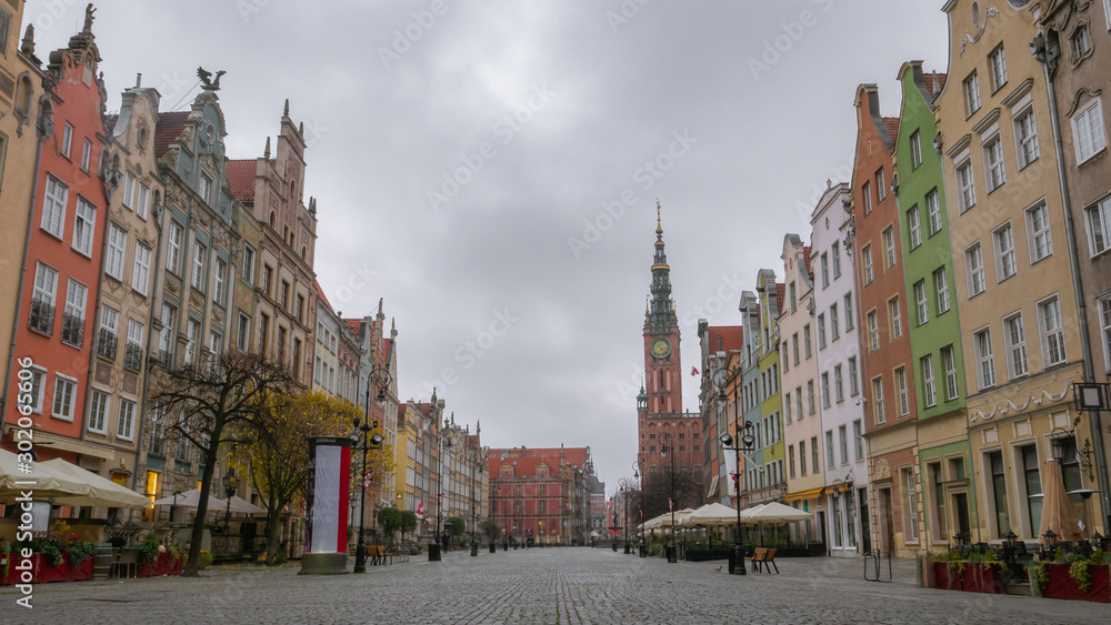 The Main Town Hall at Long Market Street on Royal Route in Old Town of Gdansk, Poland 