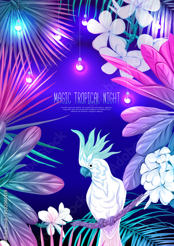 Tropical plants  flowers and birds. Template for night tropical party invitation  greeting card  banner  gift voucher  label. Colored vector illustration in neon  fluorescent colors..