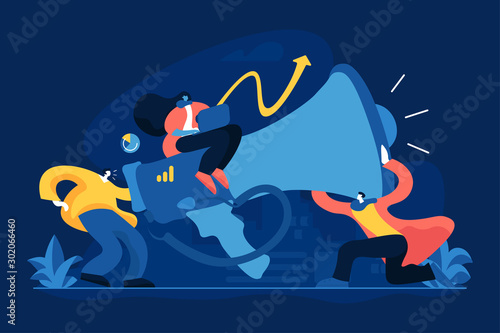 Marketing strategy planning flat vector illustration. Promotional campaign, advertisement notification, commercial research concept. Marketer creating ads. Analyst sitting on megaphone metaphor