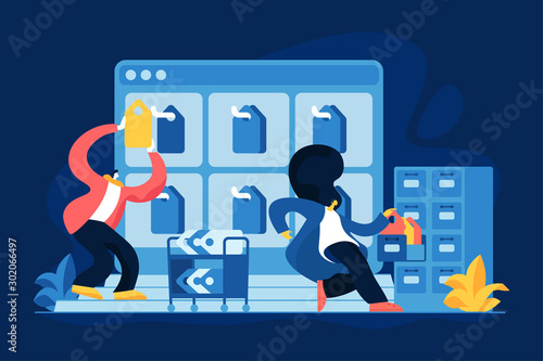 Corporate archive flat vector illustration. Data storage, record keeping, cloud computing concept. Bookkeeping and information organization. Office managers characters. Files and folder in drawers