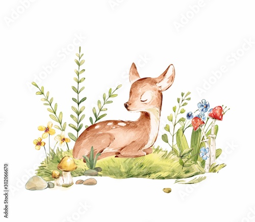 Dekoracja na wymiar  cute-akwarela-baby-deer-z-niebieska-wstazka-w-otoczeniu-dzikich-kwiatow-i-grzybow-na-bialym-baby-deer-spi-w-lesie-odosobniony-przedszkole-dla-dziewczynki-oa-chlopca