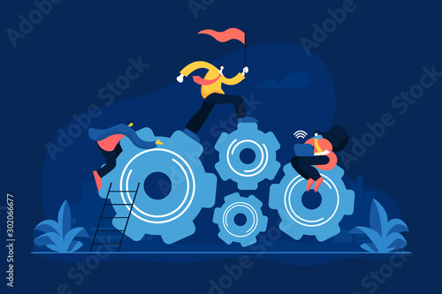 Leadership flat vector illustration. Personal development, job promotion, career growth concept. Office leader holding red flag and running cartoon character. Best employee, corporate worker