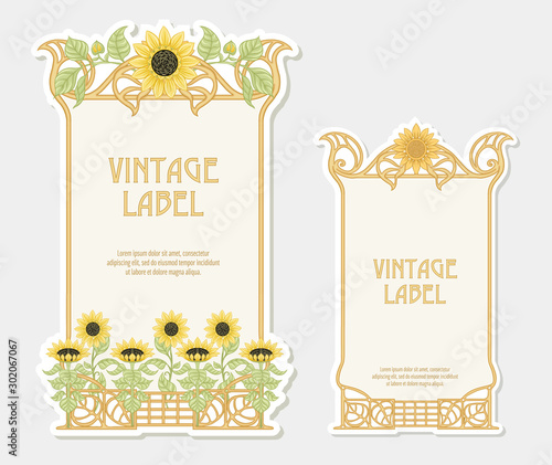 Sunflower. Set of 2 labels, decorative frames, borders. Good for product label with place for text Colored vector illustration. In art nouveau style, vintage, old, retro. Isolated on white background.