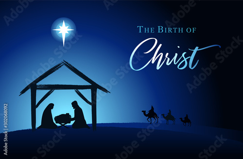 Christmas scene of baby Jesus in the manger with Mary and Joseph in silhouette, Bethlehem star and three kings on camels. Christian Nativity with text The Birth of Christ, vector banner