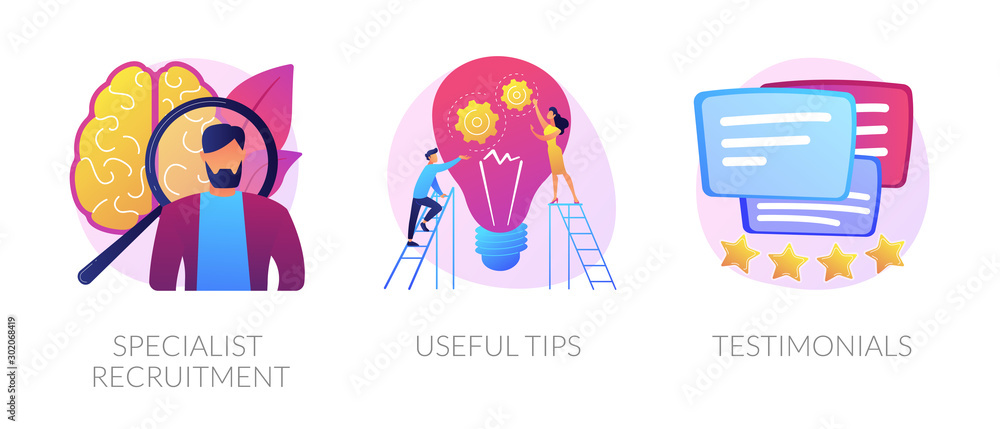 Customer feedback, online service rating web icons set. Helpful information and support. Specialist recruitment, useful tips, testimonials metaphors. Vector isolated concept metaphor illustrations