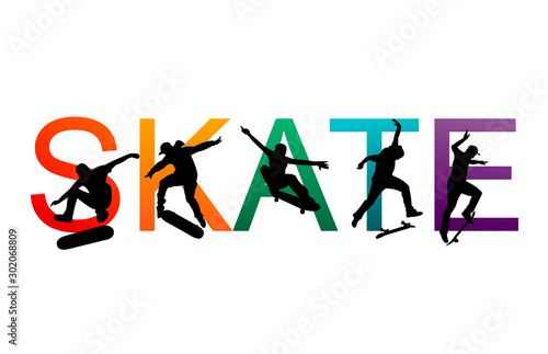 Skate people silhouettes skateboarders colorful vector illustration background extreme skateboard, skateboarding	