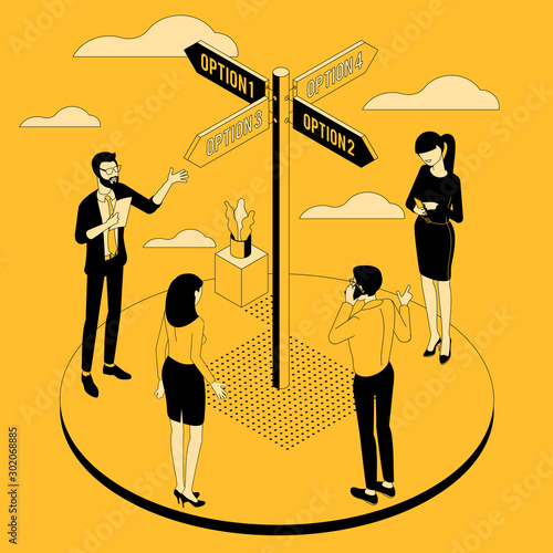 Flat design isometric concept for decision technology and effective solution with directional sign and people choosing a path