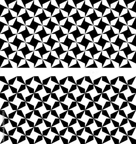Seamless black and white geometric patterns. Optical illusion. Appropriate for textile, packing materials, website background. Swatches are included in EPS file.