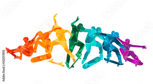 Skate people silhouettes skateboarders colorful vector illustration background extreme skateboard, skateboarding	