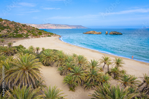 Scenic landscape of palm trees, turquoise water and tropical beach, Vai, Crete, Greece.