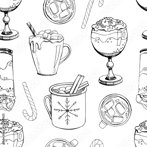 Vector illustration. Hand drawn seamless pattern with hot winter drinks isolated on white background. Christmas candy cane and marshmallow. Print for New Year design. Endless texture