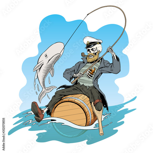 The one-legged captain skeleton on the barrel holding a fishing rod and caught a white whale. Vector illustration.
