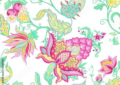 Fantasy flowers, traditional Jacobean embroidery style. Seamless pattern, background. Vector illustration in bright pink and green colors isolated on white background..