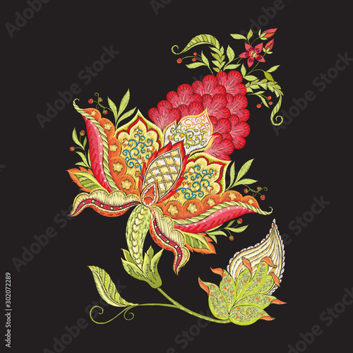 Elements for design. Fantasy flowers, traditional Jacobean embroidery style. Embroidery imitation. Vector illustration in red and green colors isolated on black background..