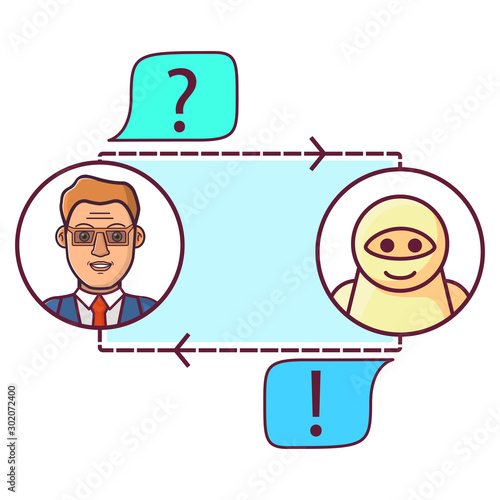 artificial intelligence.Man chatting asks a question.Robot assistant.Guy asking bot for help.Flat vector. photo