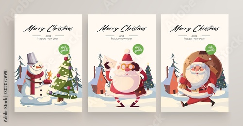 New Year 2020 And Christmas Greeting Card collection. Cute holiday themed Characters and situations