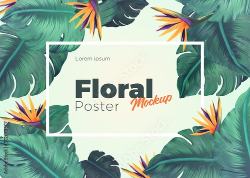 Bright tropical background with jungle plants. Exotic pattern with tropical leaves