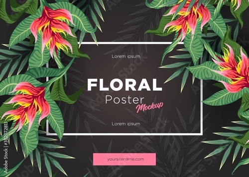 Bright tropical background with jungle plants. Exotic pattern with tropical leaves