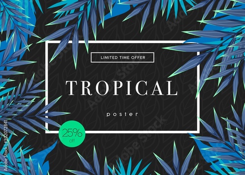 Bright tropical background with jungle plants. Exotic pattern with tropical leaves