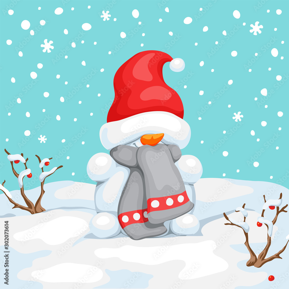 Vector snowman with hat on eyes. Snowman greeting. Cute Christmas greeting card with snowman. Vector snowman with hat on eyes. Snowman greeting. Cute Christmas greeting card with snowman.