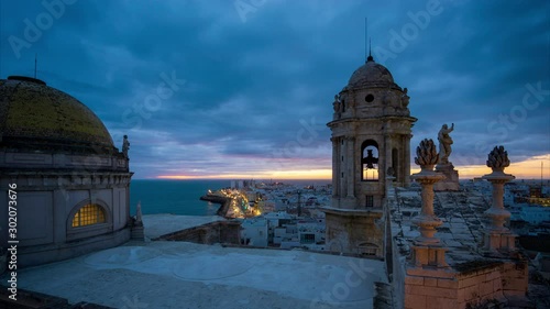 Cadiz Cathedral City View Spectacular Sky at Blue Hour from East Tower Andalusia