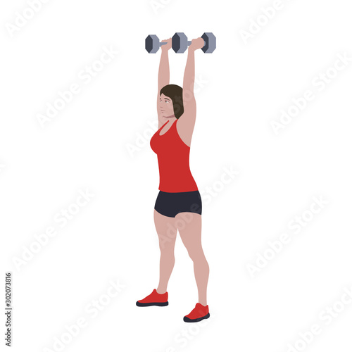 CrossFit workout training for open games championship. Sport woman training two dumbbell snatch push press exercise in the gym for healthy beautiful body shape motivation.