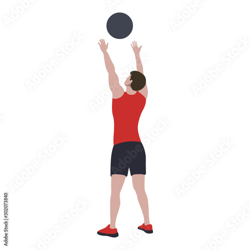 CrossFit workout training for open games championship. Sport man training wall ball throw exercise in the gym for healthy beautiful body shape motivation.