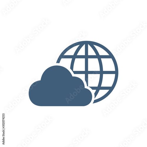 Worldwide cloud storage icon. Cloud computing. Cloud with globe icon. Computer server technology. Stock Vector illustration isolated on white background.