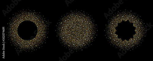 Golden dot frames set, collection. Round, circle, ring shape background. Glittering tiny spangles, uneven dots, blobs, spots, hand drawn splash, gold spray, sparks, beads frame. Border templates.