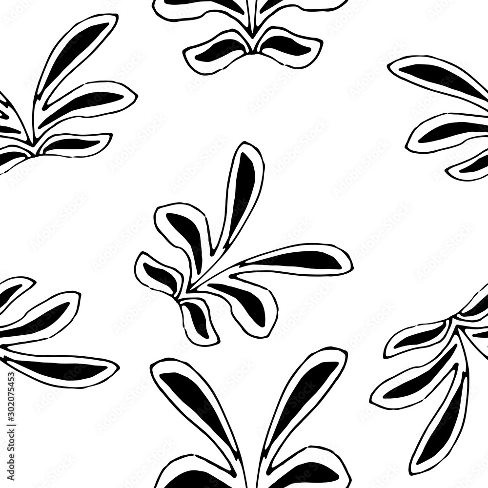 Abstract vector illustration. Flowers. For print, design, back surface, textile, packaging, canvas. Black and white hand drawn vector illustration. Seamless patterns.