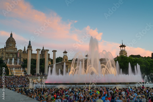 Magic fountain of Montjuic light show at Plaza Espanya in Barcelona.