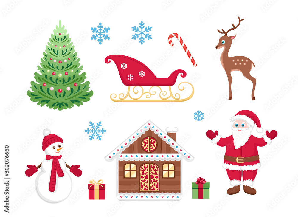 Obraz premium Christmas set of cute vector illustrations. Santa Claus, snowman, Christmas tree, hut, sleigh of Santa Claus, deer, gift boxes with bows, candy cane and beautiful snowflakes. Cartoon simple flat style