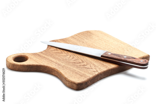 cutting board with knife on white background