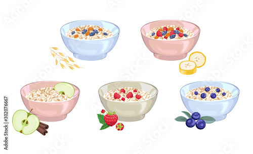 Set of Oat milk porridge in bowl isolated on white background. Oatmeal with apple, cinnamon, banana, blueberry, strawberry,raisins. Vector illustration of cereal breakfast in cartoon flat style.